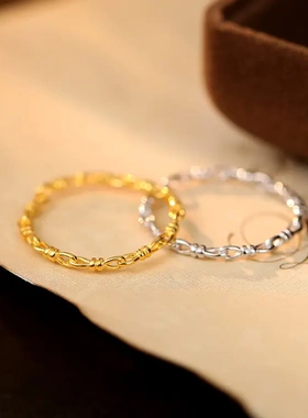 s925银细链镂空戒指女小众设计素圈可叠戴开口温柔指戒手饰