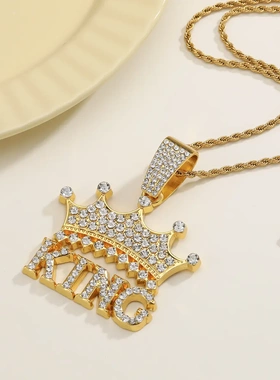 欧美满钻字母king吊坠项链配饰挂件说唱嘻哈风古巴链项坠饰品