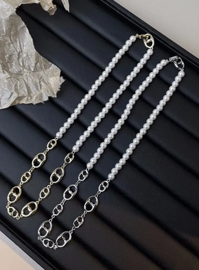 法式复古轻奢小猪鼻子珍珠拼接项链个性时尚小众设计高级感锁骨链