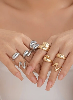 欧美设计感熔岩金属光面开口戒指ring女小众质感几何弧形指环