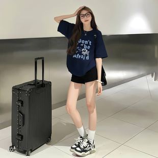 藏青色短袖 夏穿搭纯棉独特漂亮慵懒风上衣 t恤女2025新款 宽松半袖