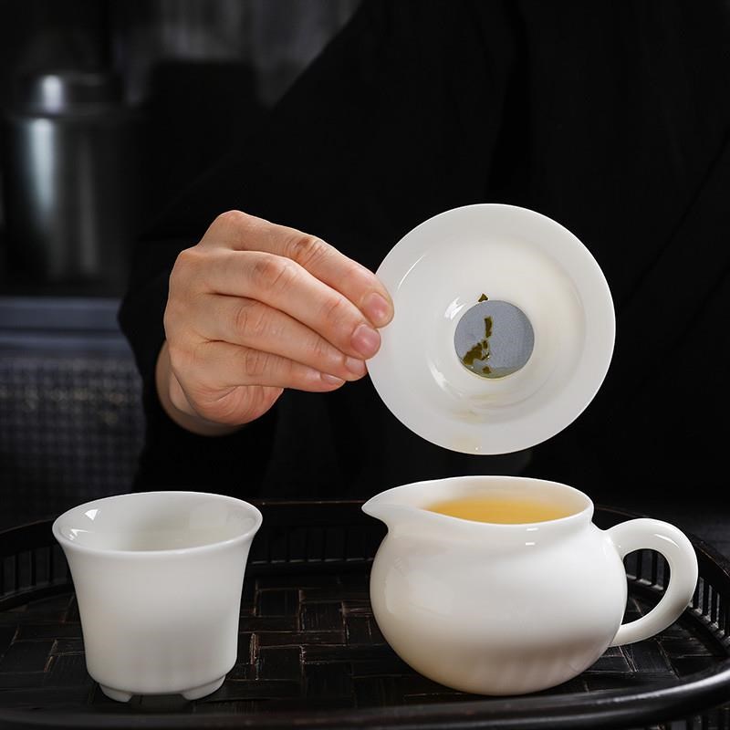 茶漏德化白瓷全瓷过m滤网细密泡茶漏托底座描金陶瓷茶滤公道杯一
