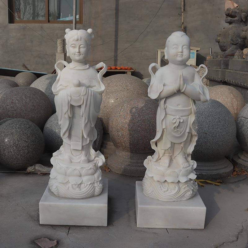 石雕童男童女汉白玉善财童子小龙女石像金童玉女墓地寺院供奉摆件
