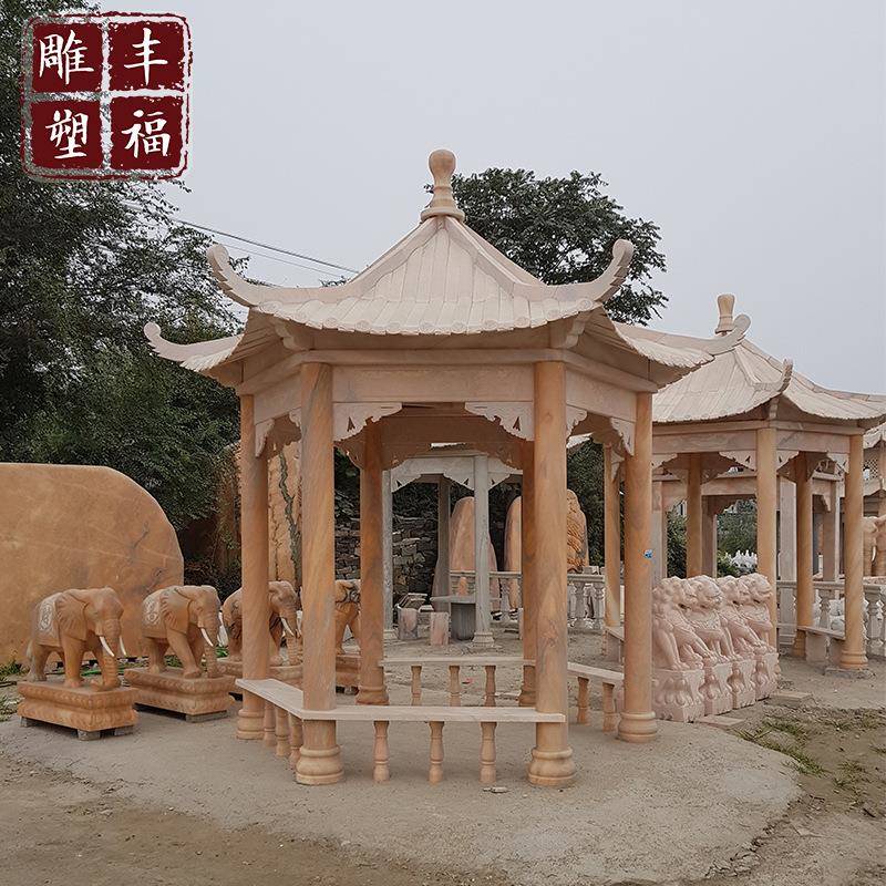 石雕罗马柱栏板阳台柱晚霞红中式六角亭子雕塑大理石凉亭摆件