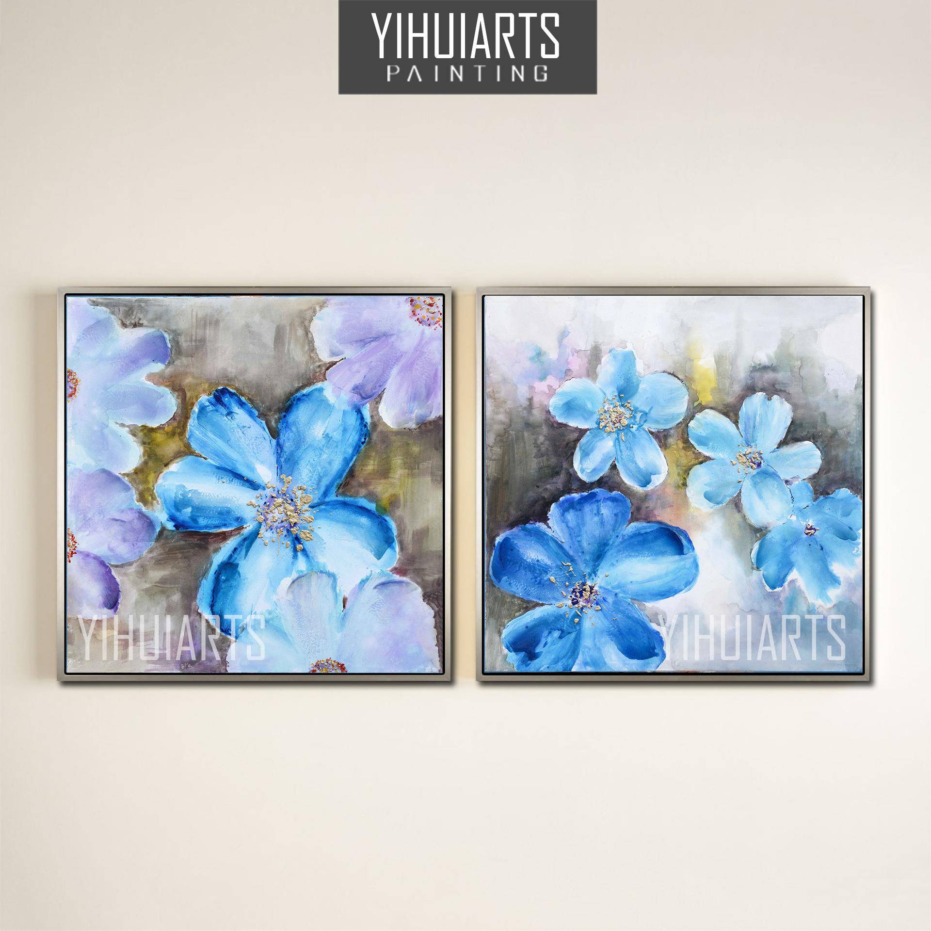 两联花卉客厅卧室装饰画简约现代美式手绘餐厅组合有框油画粉蓝花