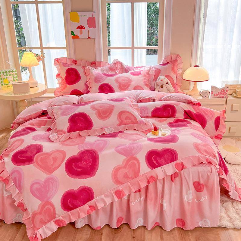 外贸公主风加厚磨毛床裙四件套卡通韩版花边床罩枕套床上用品