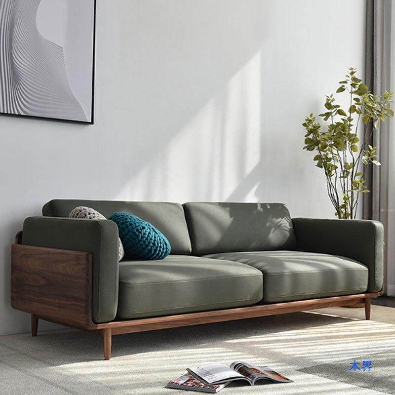 北欧日式简约型客厅家具双人三人位极简式全实木黑胡桃木沙发组合