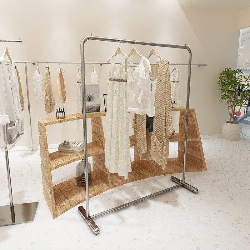 服装店落地圆形落地式不锈钢拉丝挂衣架女装店中岛货架展示架家用