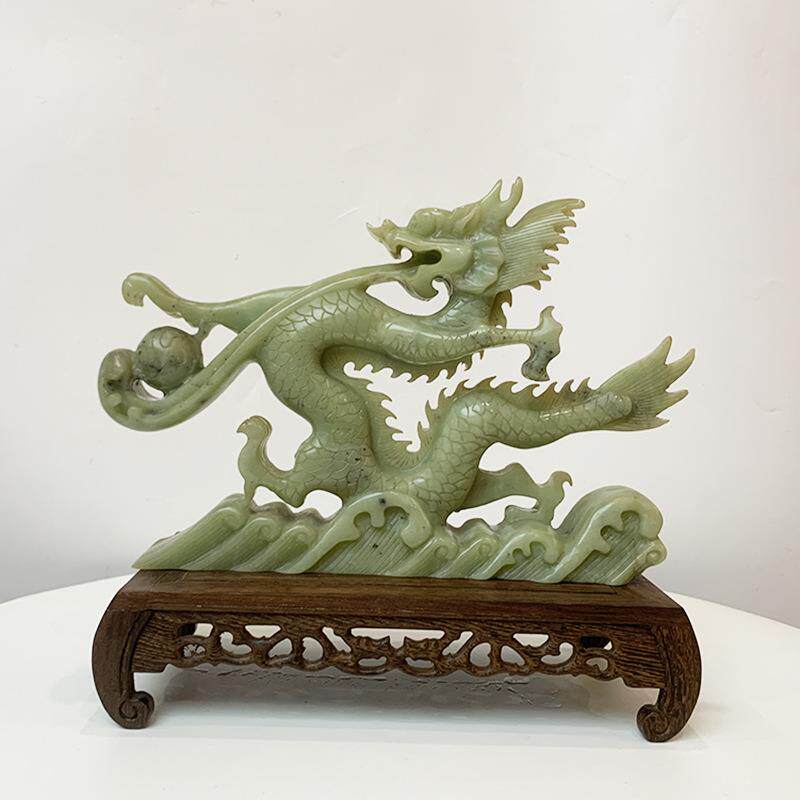 钰程本命年玉器天然原色精雕岫玉青龙戏水摆件龙饰品中国龙