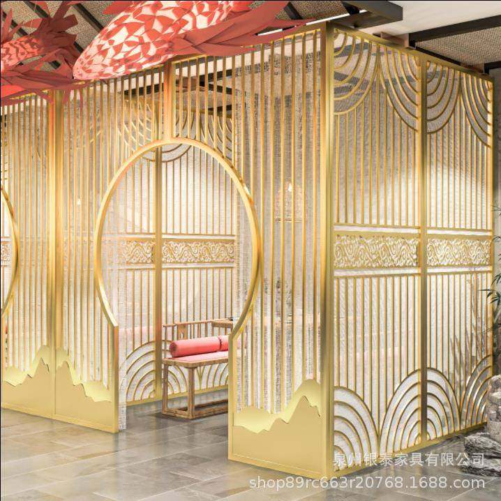 新中式铁艺茶楼茶室包间花格月亮门月洞门屏风拱门隔断墙餐厅卡座