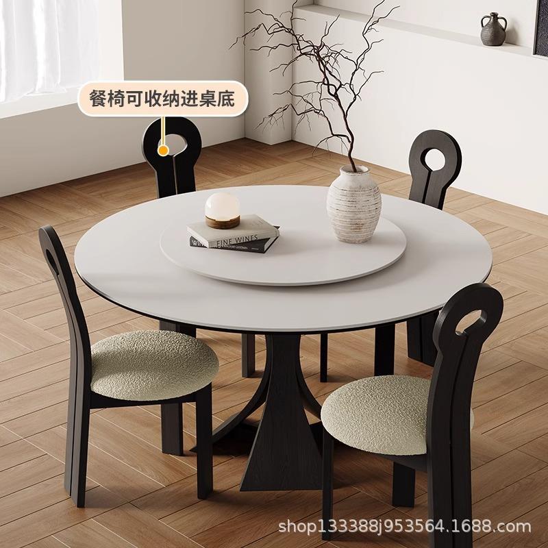 纯白岩板餐桌法式复古进口轻奢现代1.5米圆桌意式6人圆形实木餐桌