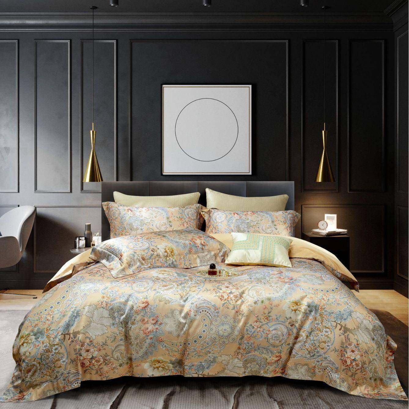 轻奢美式100支长绒全棉四件套亲肤纯棉被套秋冬锦缎印花床上用品