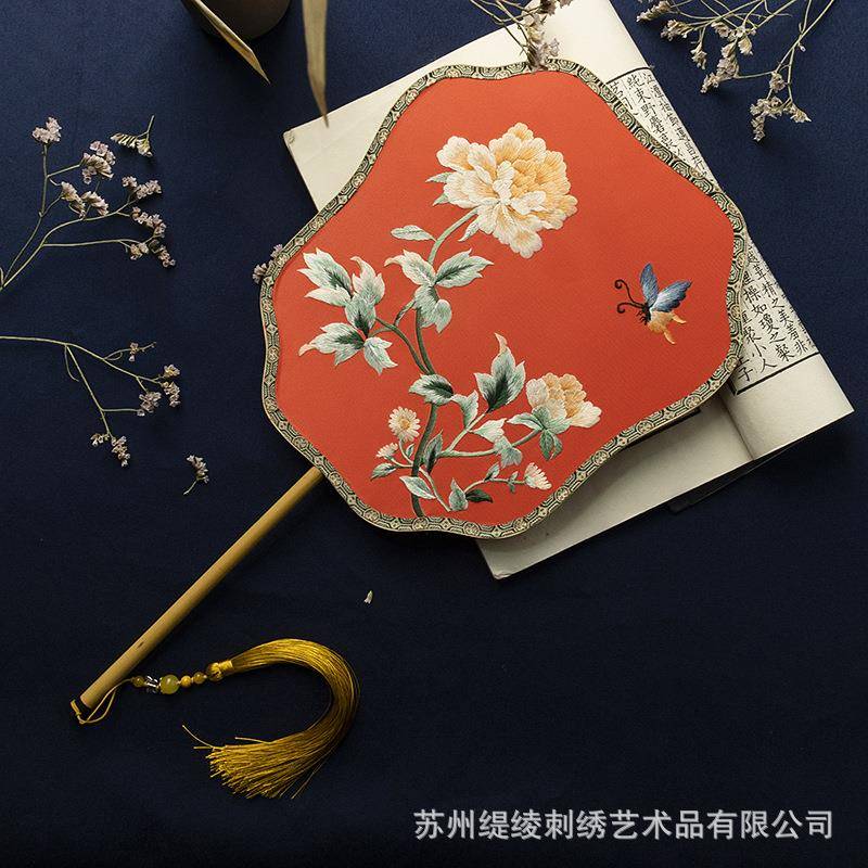 供应扇子古风流苏绣花湘妃竹手工苏绣圆扇宫廷扇刺绣汉服宫扇