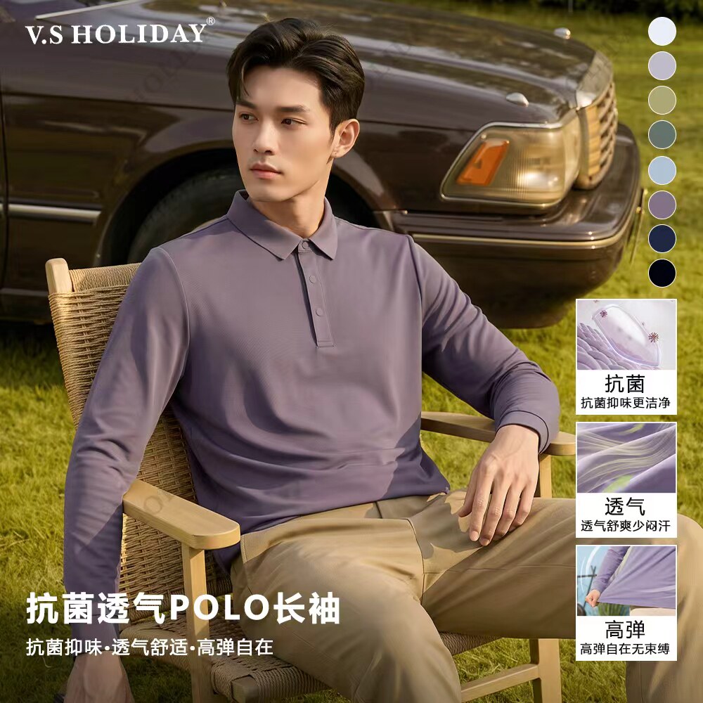 V．SHOLIDAY上新秋季免熨长袖POLO衫男舒适休闲翻领高弹上衣/9150