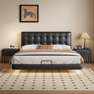 大树岛家居中古风悬浮床复古奶油风真皮床极简薄床头主卧双人床