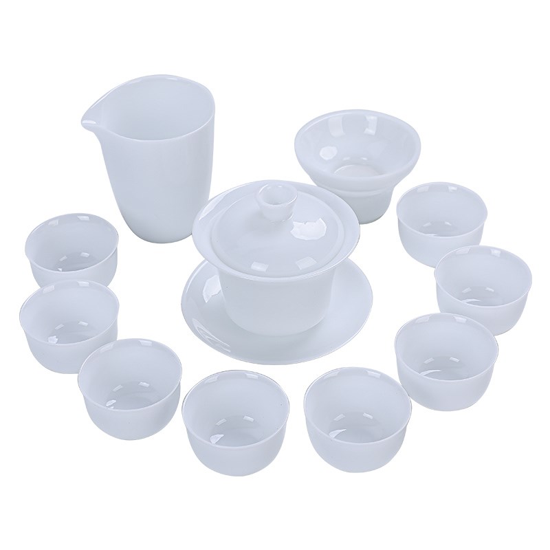 高档冰种羊脂玉瓷茶具套装v办公室会客轻奢白瓷泡茶壶盖碗礼品定