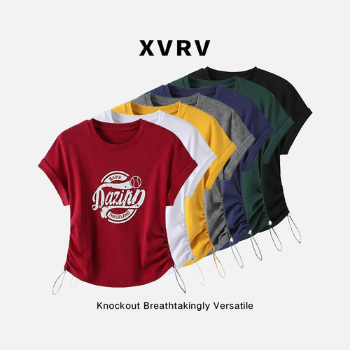 XVRV夏季新款美式小飞袖正肩t恤时尚洋气百搭印花抽绳短袖女上衣
