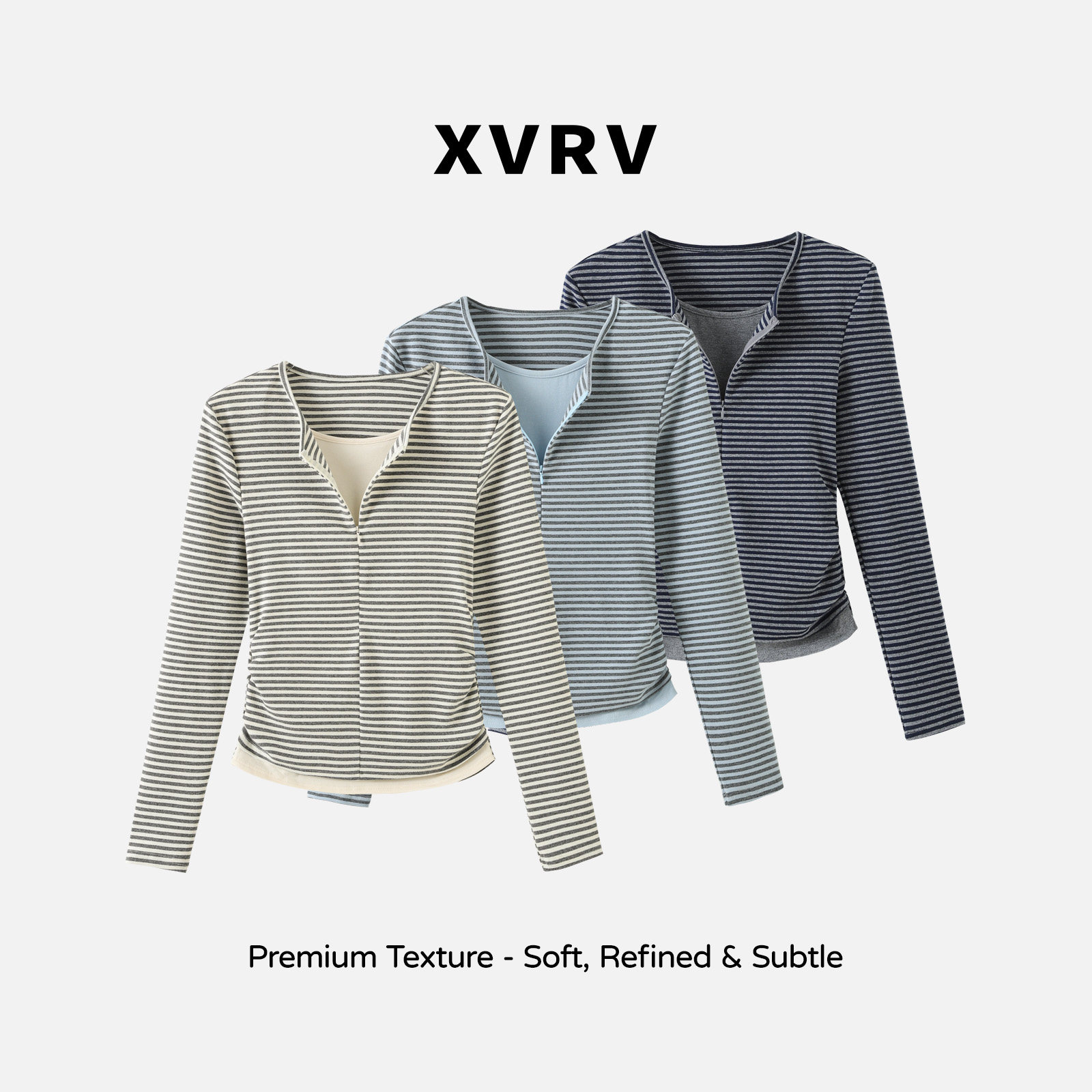 XVRV韩系假两件条纹正肩长袖t恤女小个子修身内搭短款运动上衣图片