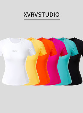 XVRV夏新款立体印花修身显瘦T恤女裸感透气纯色短袖运动健身上衣