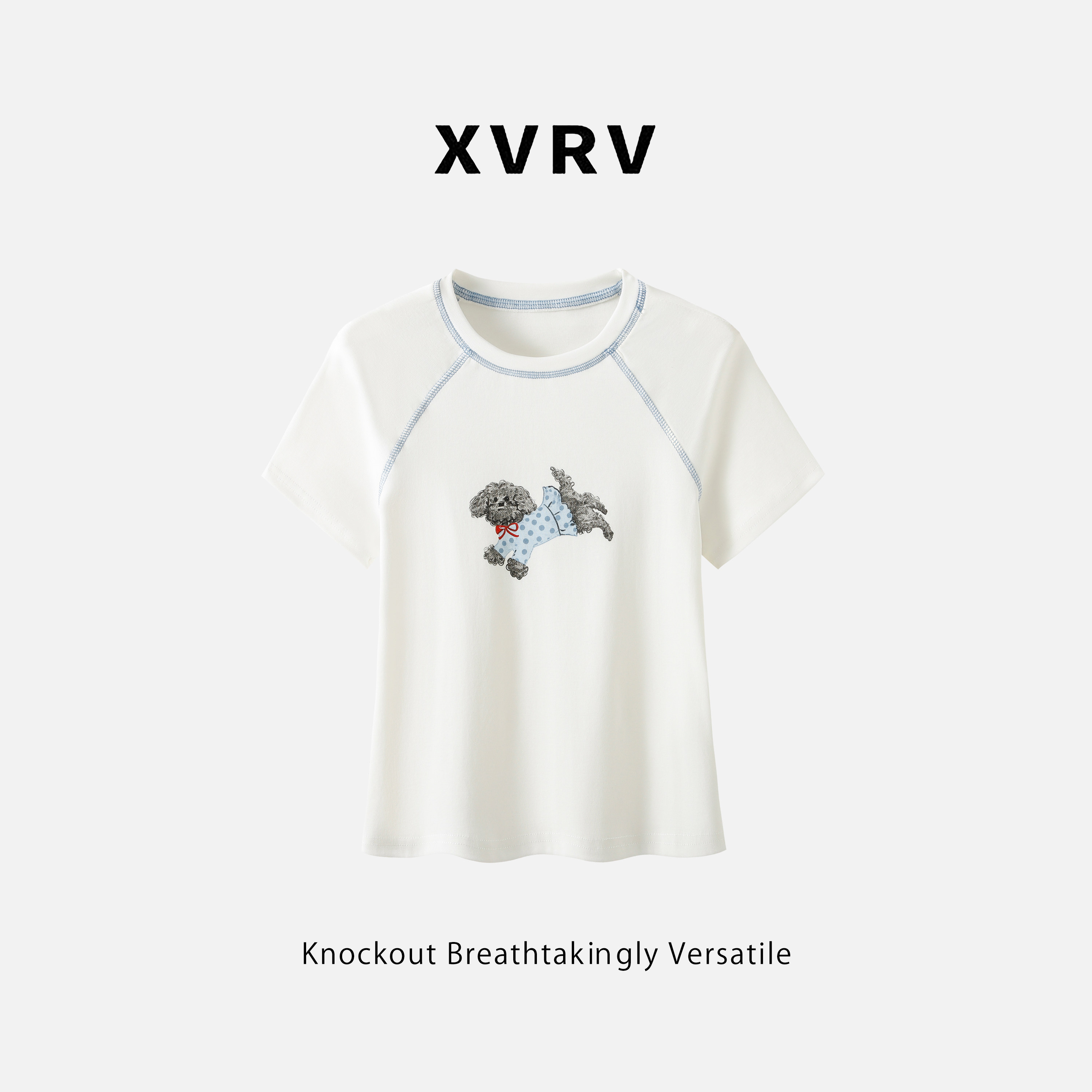 XVRV2026夏季新款狗狗印花插肩袖圆领短袖T恤女撞色拼接百搭上衣图片