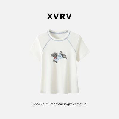 XVRV2026夏季新款狗狗印花插肩袖圆领短袖T恤女撞色拼接百搭上衣