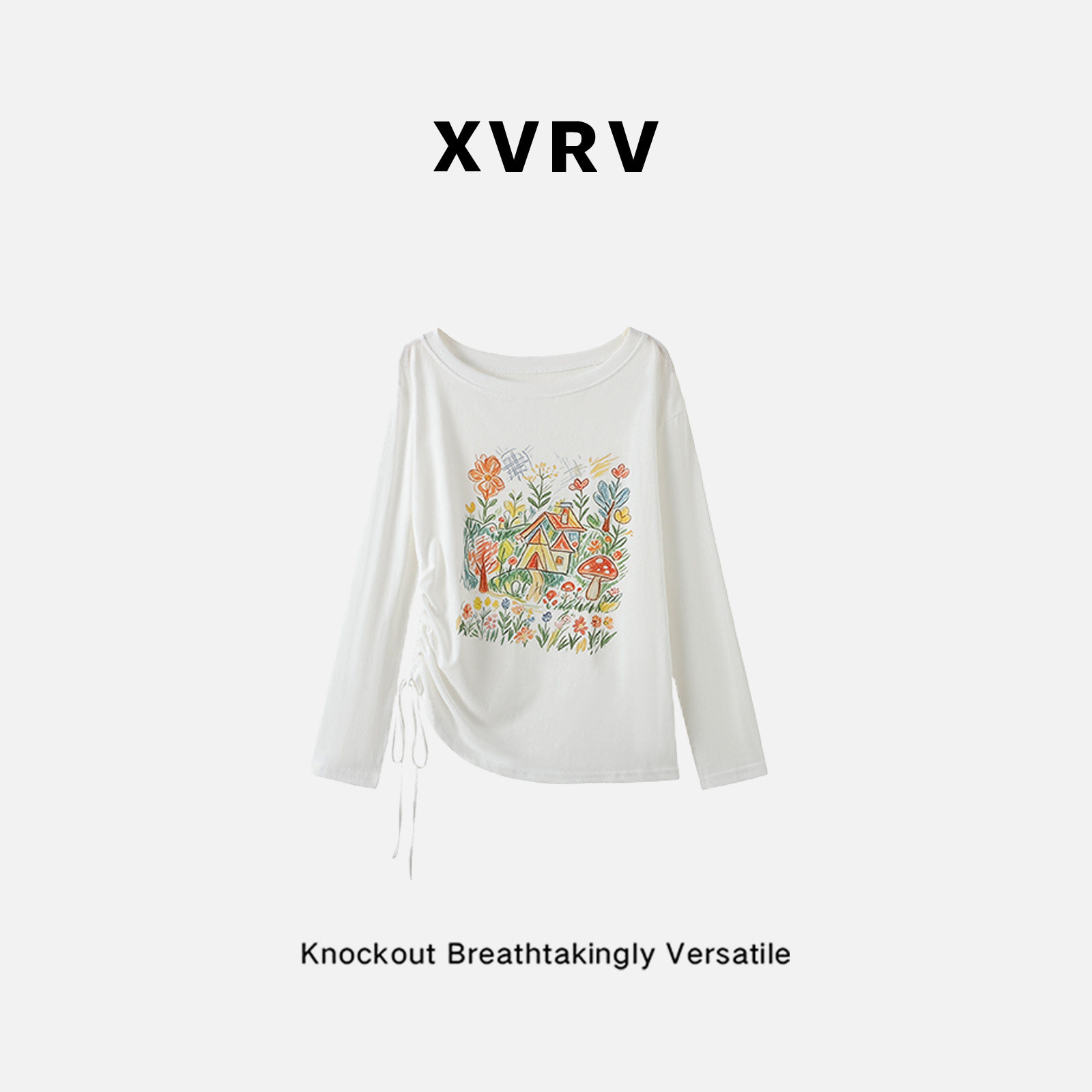 XVRV薄款涂鸦印花抽绳斜肩微透防晒罩衫女夏性感露肩别致长袖T恤图片