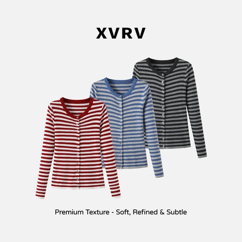 XVRV2026早秋新款日系V领条纹撞色长袖女休闲百搭运动T恤简约上衣