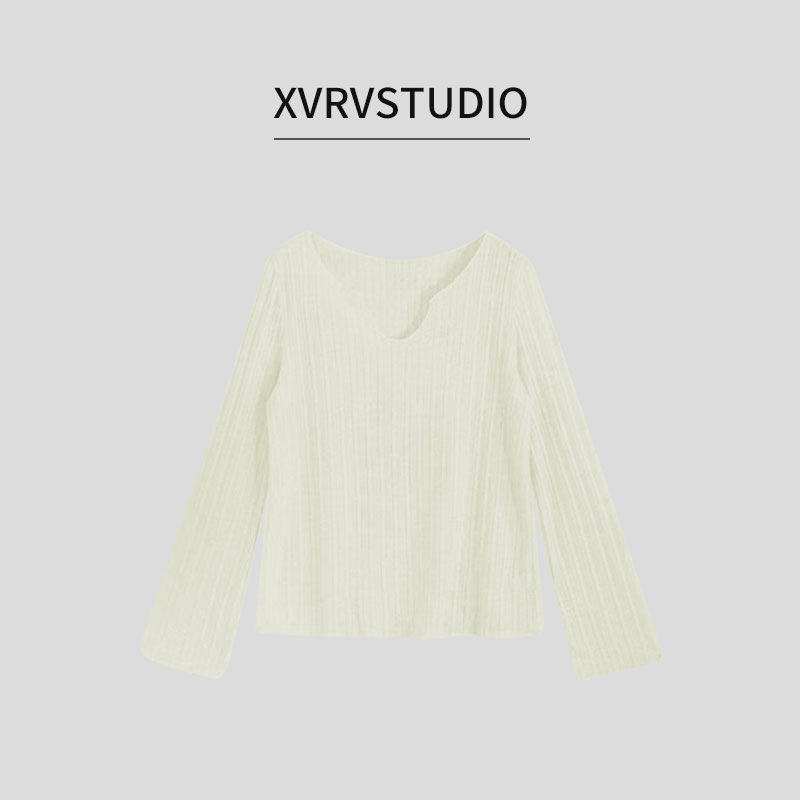XVRV【秋上新】微透空调罩衫女慵懒薄款长袖木耳边宽松T恤上衣图片