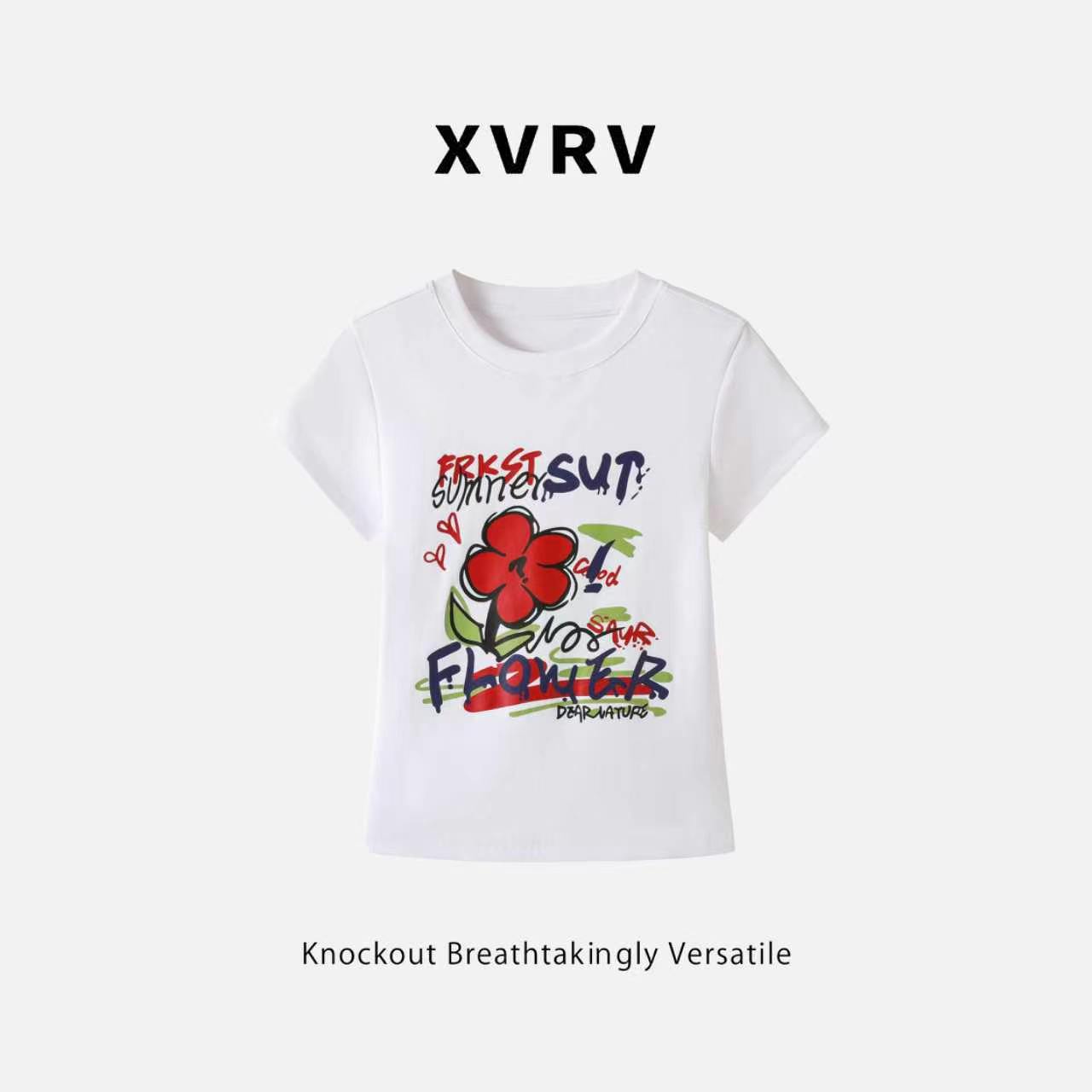 XVRV2026夏季新款彩色印花T恤棉质正肩短袖女运动休闲显瘦上衣图片
