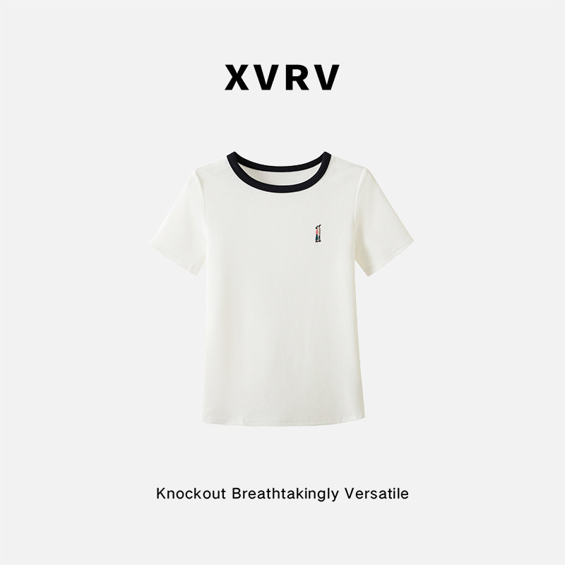XVRV设计感撞色刺绣短袖T恤女2026夏季新款ins风宽松休闲百搭上衣图片