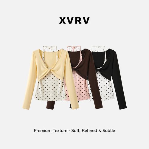 XVRV2026秋季新款运动T恤女波点挂脖吊带假两件长袖休闲修身上衣