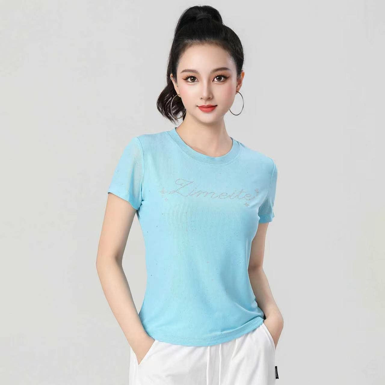 XVRV2026夏季新款双层网纱烫钻短袖运动T恤百搭显瘦上衣女图片
