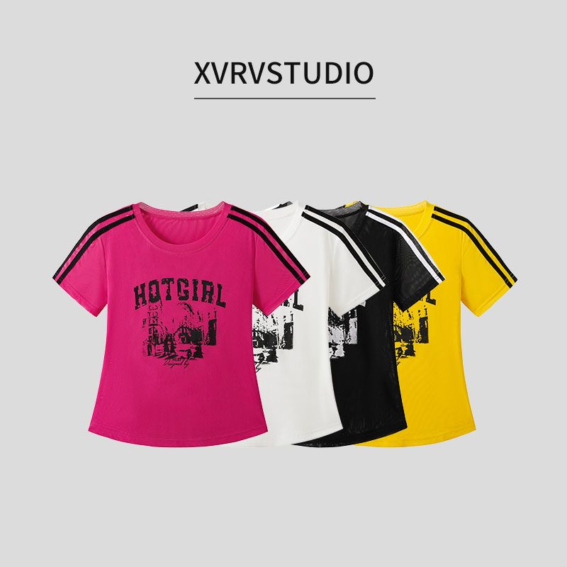 XVRV【夏上新】网纱冰感条纹印花女时尚显瘦运动短袖跑步健身上衣