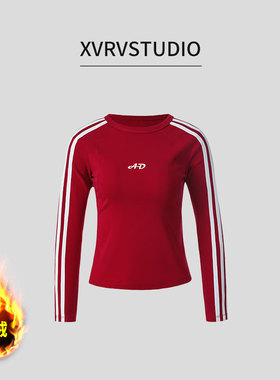 XVRV2025加绒新款三条杠圆领套头修身长袖运动风字母印花女