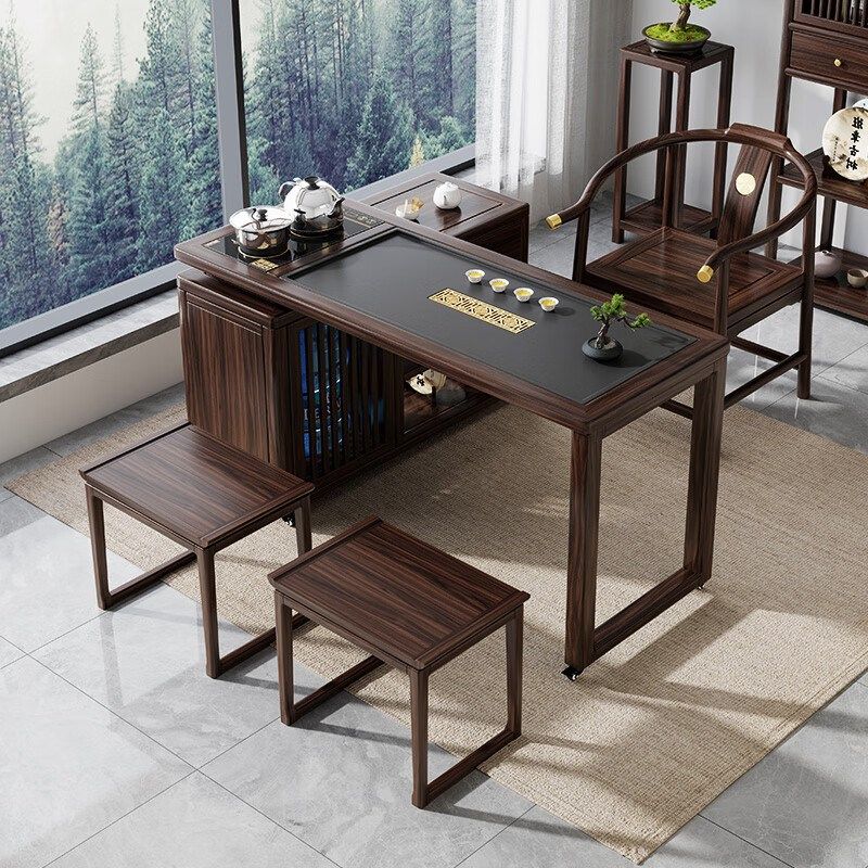 乌金木实木阳台茶桌椅组合可移动旋转折叠小户型家用X客厅茶台茶