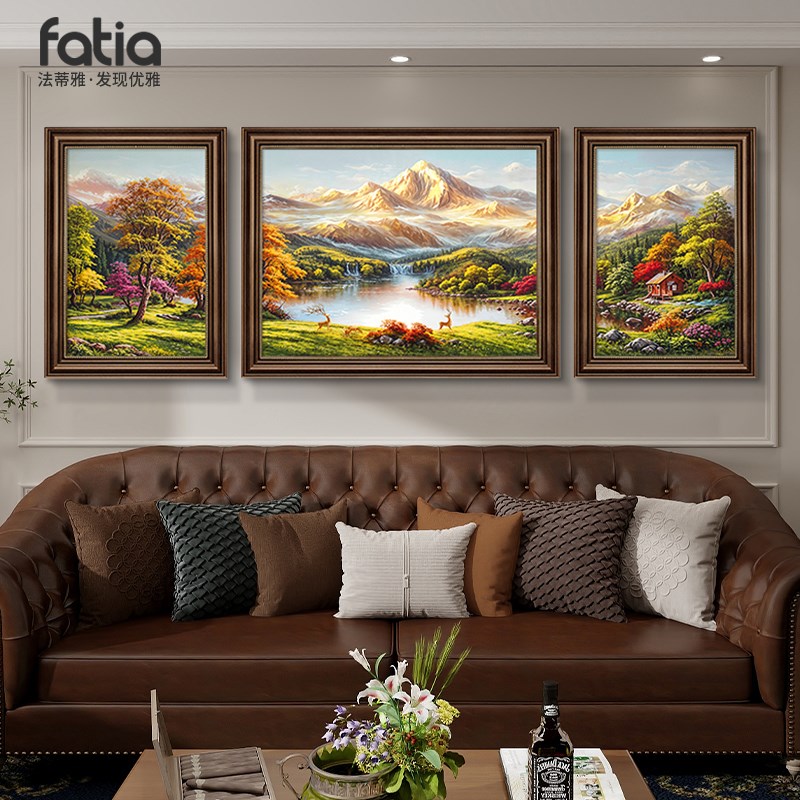 美式客厅装饰f画沙发背景墙大气挂画手绘油画欧式高级感风景三联