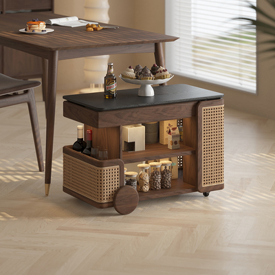 实木升降茶几可移动小推车巴士边几小户型黑N胡桃木家用旋转床边