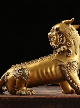 纯黄铜谛听摆g件地藏王坐骑独角神兽铜貔貅地听客厅手工摆件