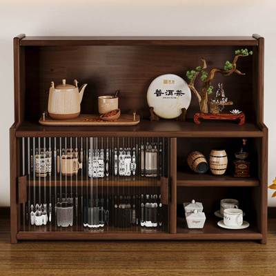 实木防尘茶具收纳柜厨房餐边储物柜胡桃色杯子碗碟收纳台面置物架