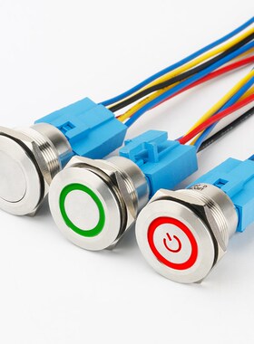 25MM金属带灯按钮防水自复位启动按钮开关6v12V24v220v不锈钢304