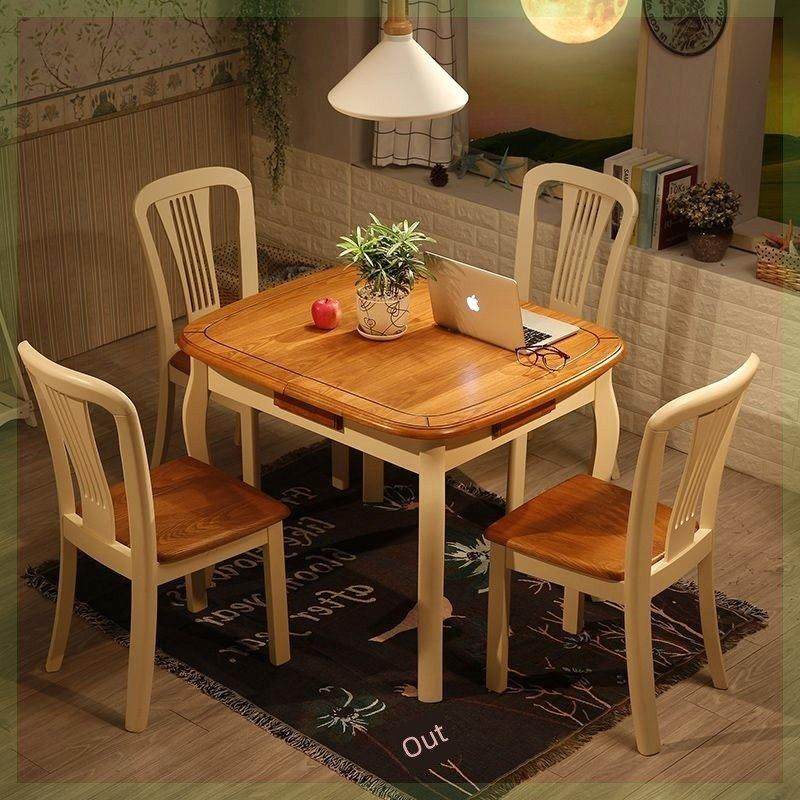 家庭餐桌地中海实木餐桌椅组合田园长方形小户型家庭方桌伸缩折叠