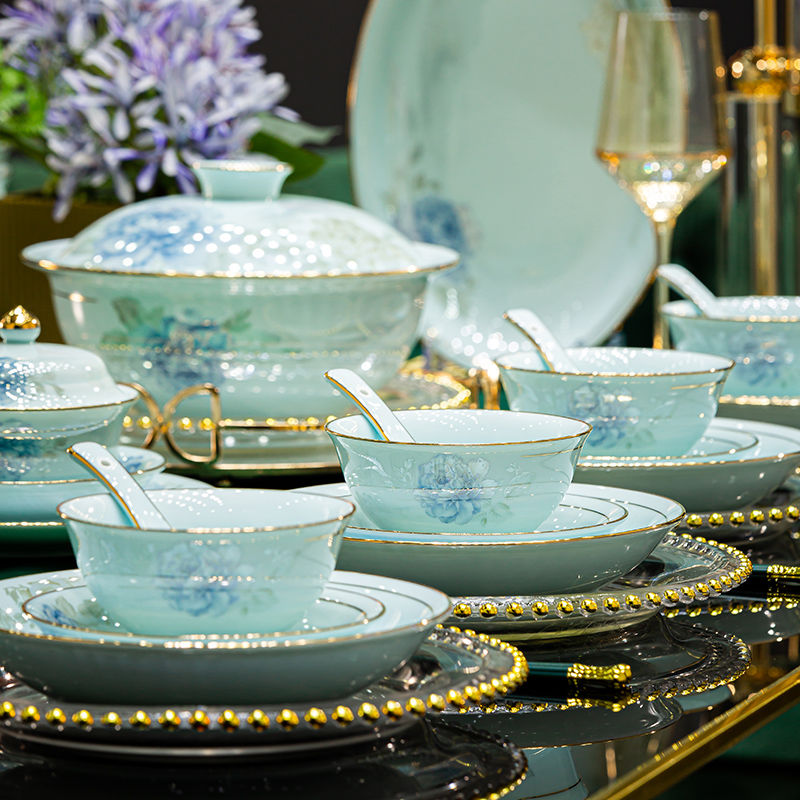 景德镇高岭土原矿釉面影青瓷餐具套装中式碗碟S套装家用乔迁送礼