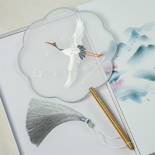 宫廷汉服女式 透明丝质古风扇子团扇刺绣古装 长柄流X苏异型扇定制