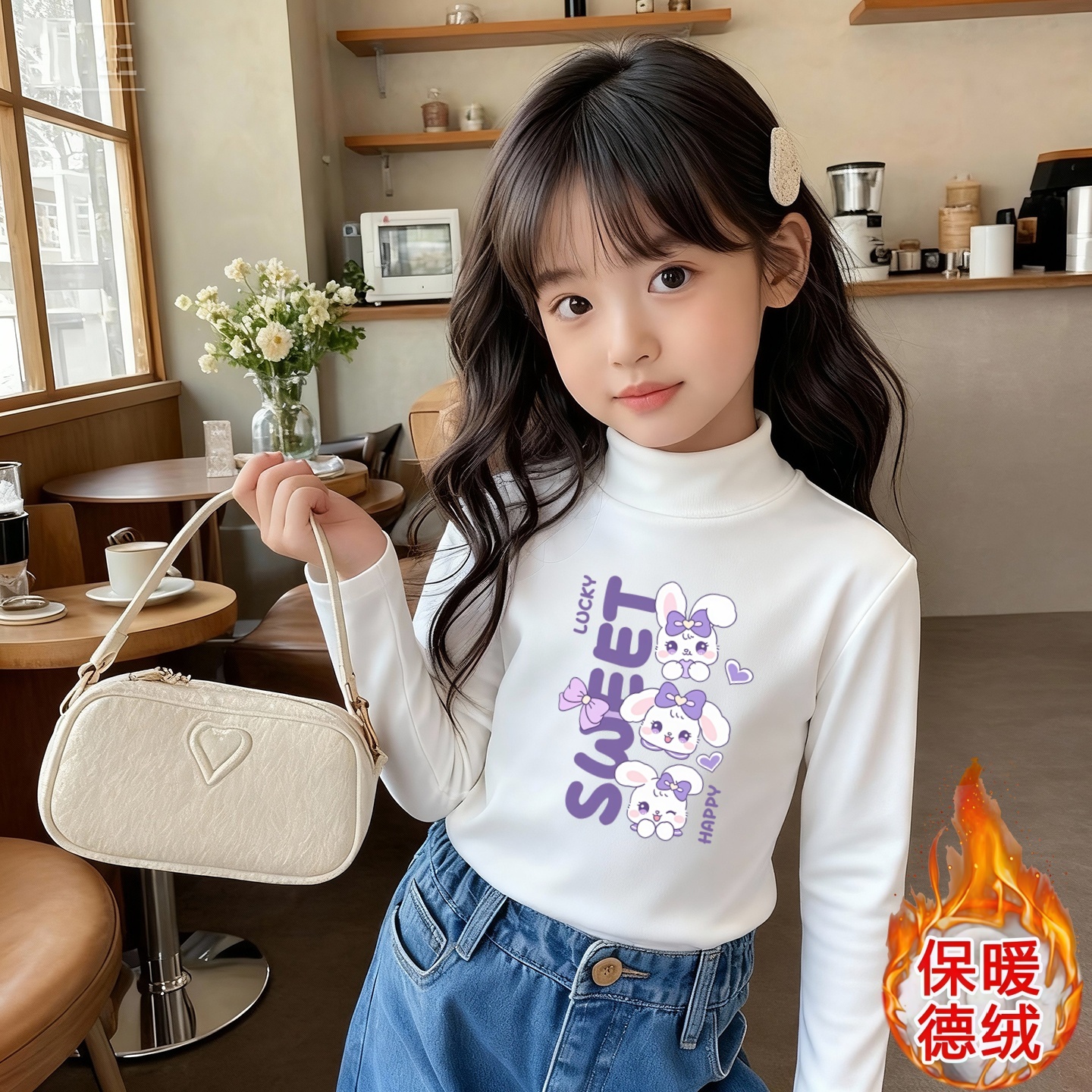 女童长袖T恤秋冬款2025新款洋气儿童德绒打底衫女孩冬装内搭上衣