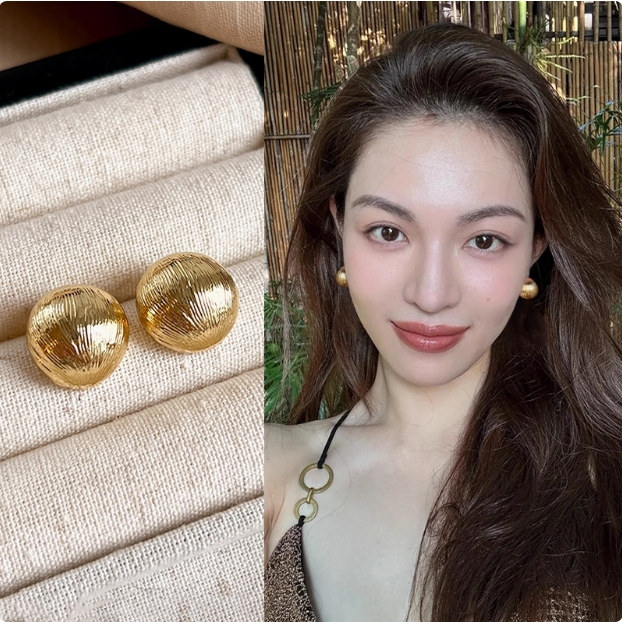 复古冷淡风金属半球大耳环女欧美夸张气质高级感耳钉银针拉丝耳饰