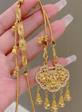 新中式璎珞平安锁吊坠黄金色长命锁流苏铃铛花丝风铃莲花金锁挂坠