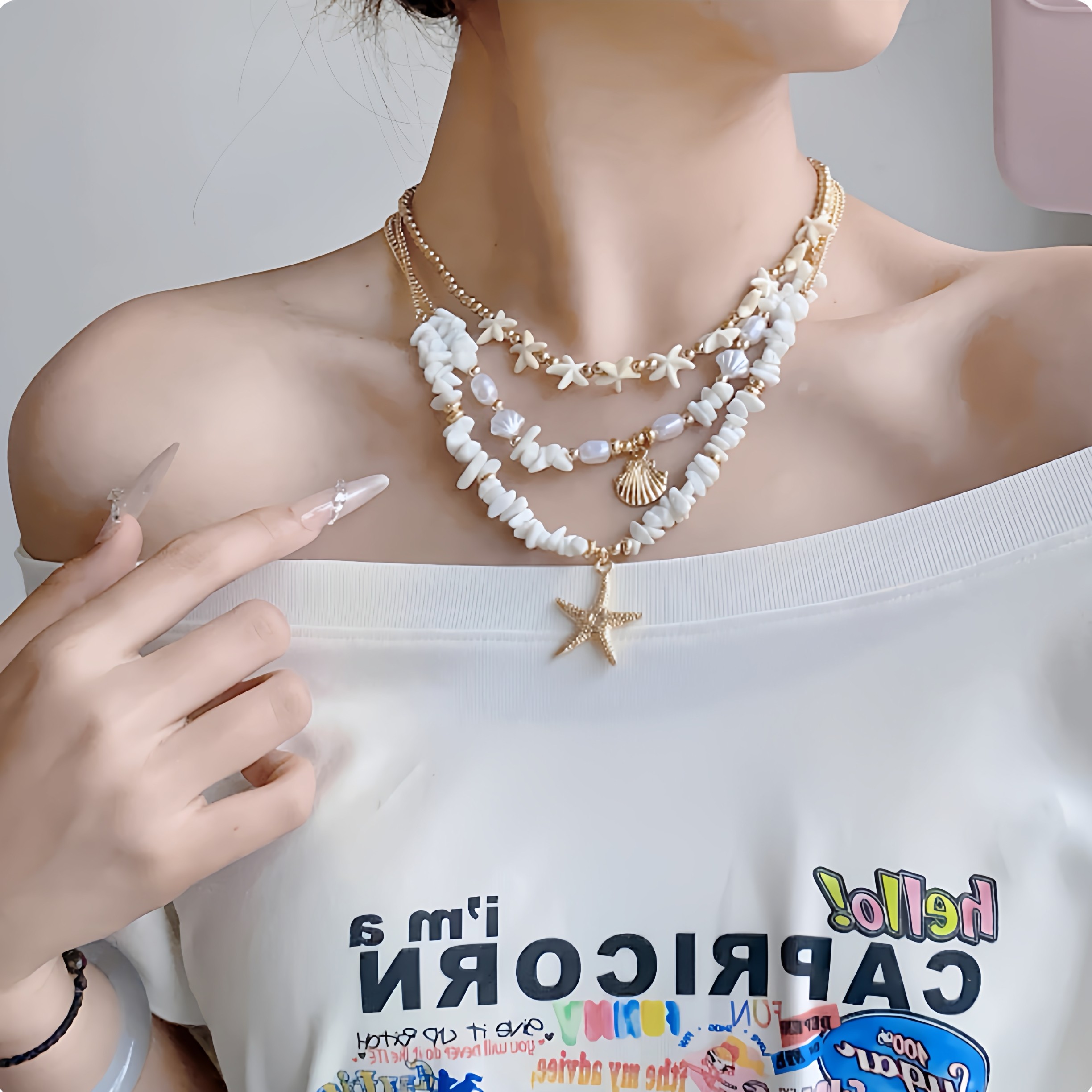 海边度假风金色海星贝壳吊坠项链女多层叠戴锁骨链个性时尚颈链潮