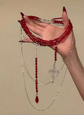 万圣节奢华十字架吊坠玫瑰花红色多层高级法式复古女锁骨项链女