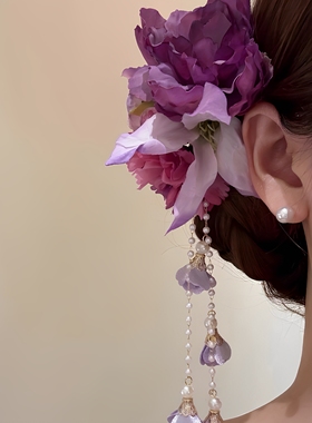 韵味紫~闪钻紫色花朵蝴蝶超仙氛围感气质侧边夹女度假风拍照头饰