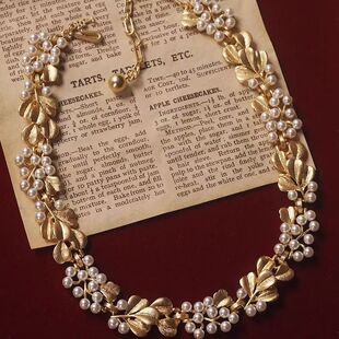 新珍珠银杏叶复古拉丝身日缎带青岛中古vintage项链Trifari翠法丽